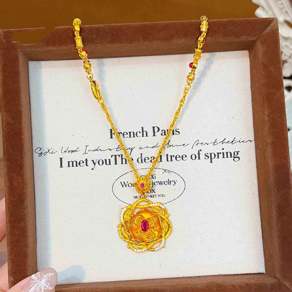 铜合金吊坠 轻奢时尚精致微镶满庭芳华荆棘玫瑰项链镂空花朵吊坠