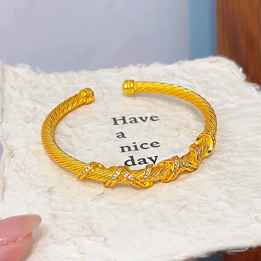 铜合金手镯 新中式国风生生不息花丝缠绕麻花纹开口手镯