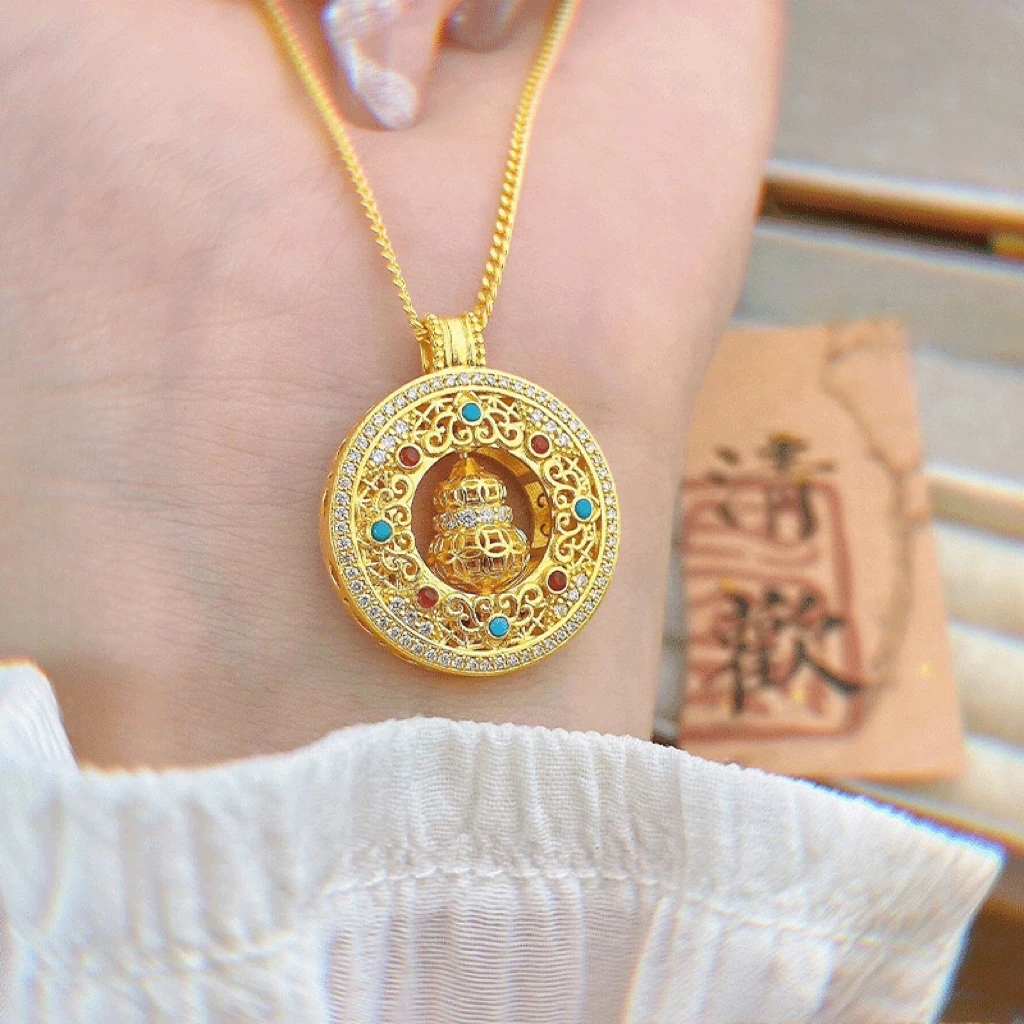 铜合金珐琅吊坠  西妃名品 镂空镶钻圆牌葫芦吊坠项链轻奢新中式