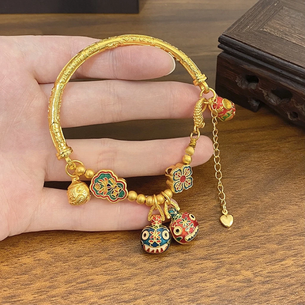 铜合金手链 古法烧蓝五路财神半镯手链招财吞金兽复古气质手链