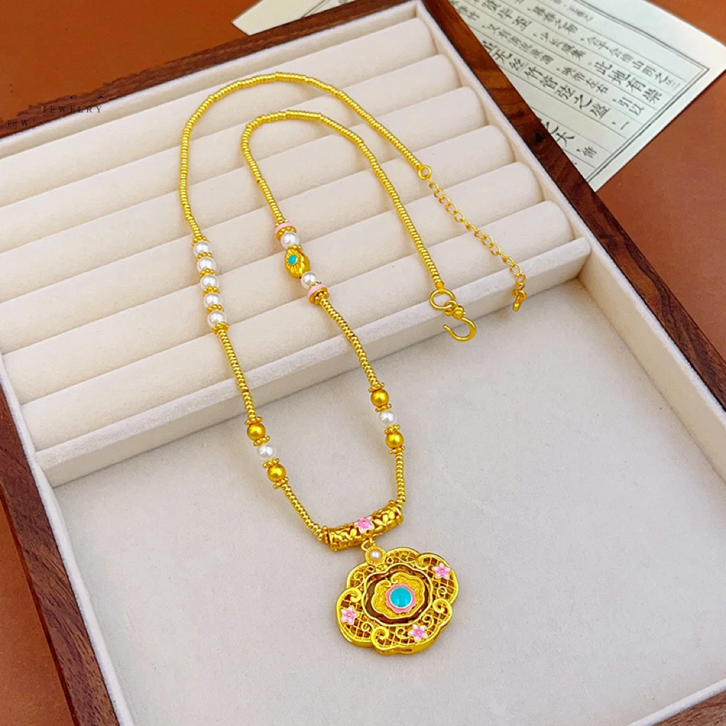 铜合金吊坠 新中式国风宋韵花开福临桃花如意锁包吊坠项链