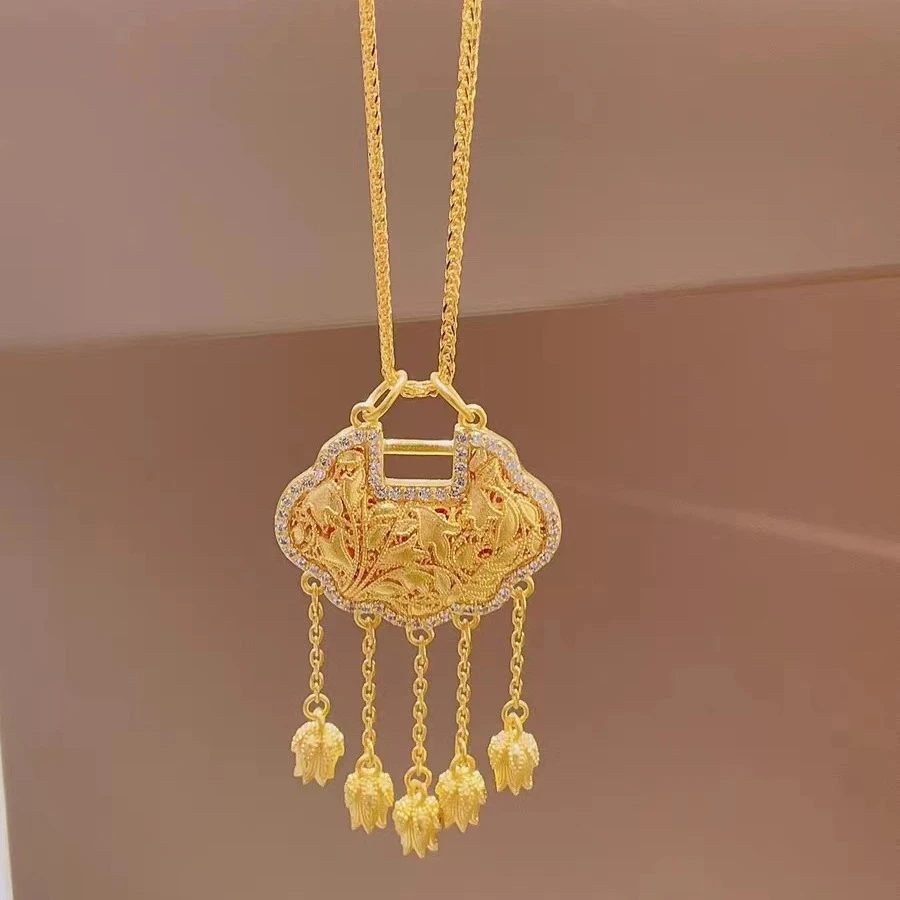 铜合金珐琅项链 轻奢吊坠新款古法项链新中式国潮流苏璎珞锁项链