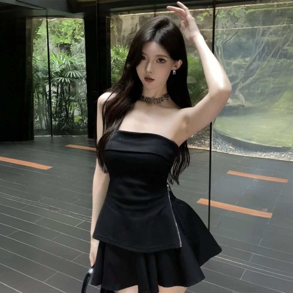 Z5266美式拉链一字肩抹胸上衣女装减龄冬天性感辣妹花苞裙裤整套