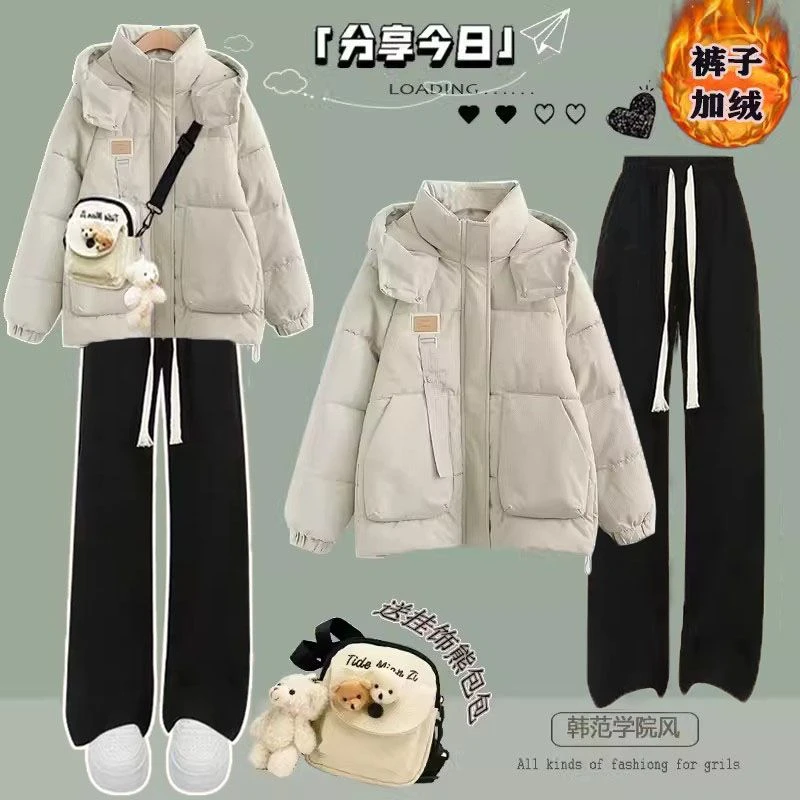 送包包冬季套装女学生韩版宽松小清新连帽棉服+加绒阔腿裤两件套