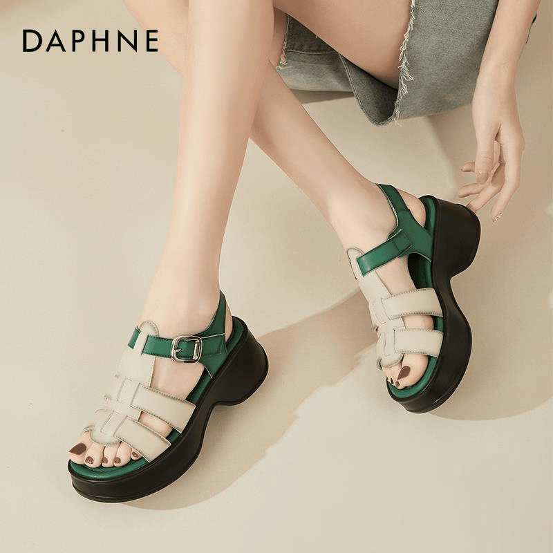 达芙妮厚底罗马鞋女款编织软底2024年新款夏季真皮百搭女士松糕鞋