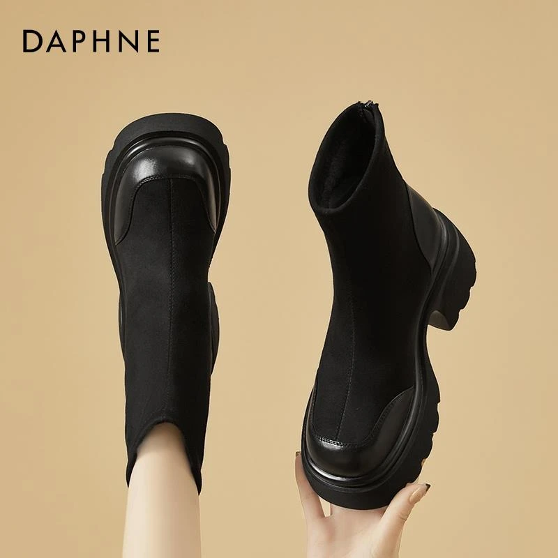 达芙妮袜靴女新款冬季加绒女鞋小个子女款增高马丁靴弹力瘦瘦靴