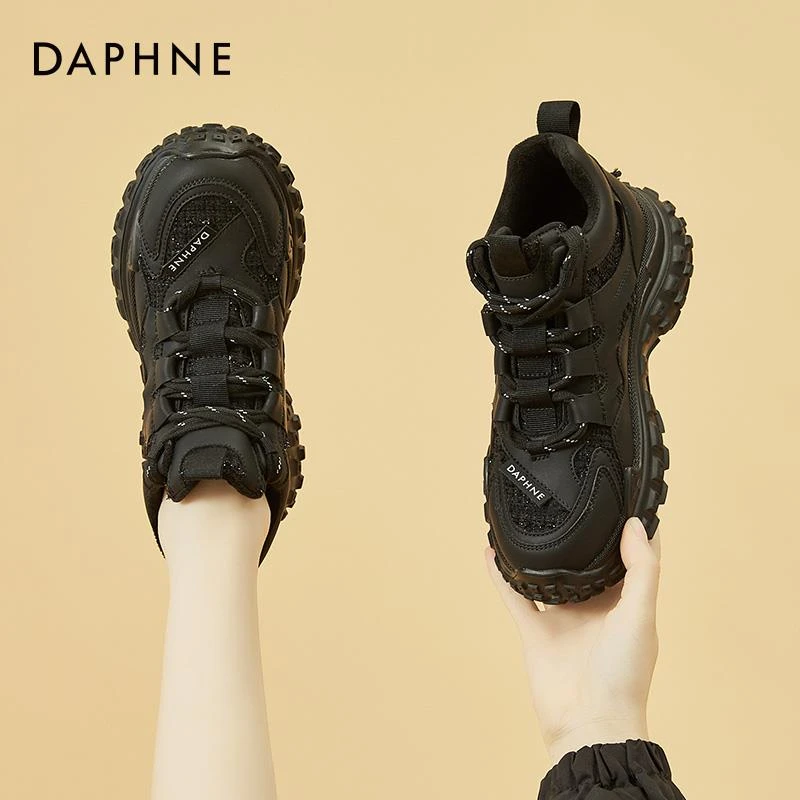 达芙妮加绒运动鞋女冬季2025新款女款厚底鞋子秋冬女鞋黑色老爹鞋
