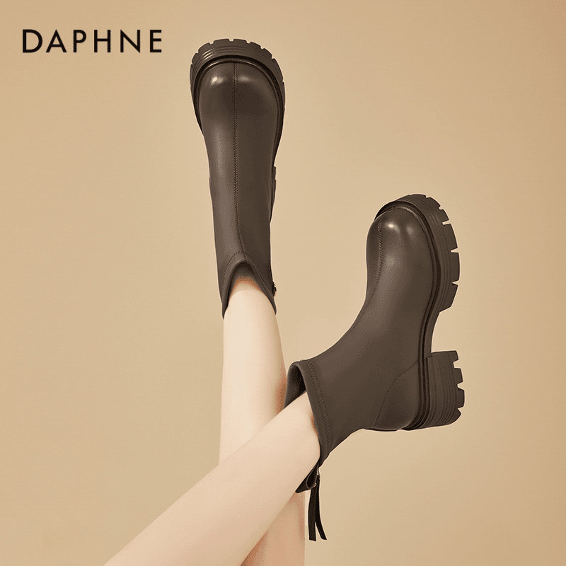 达芙妮厚底切尔西靴马丁靴女鞋子2024秋冬季加绒粗跟烟筒高跟短靴