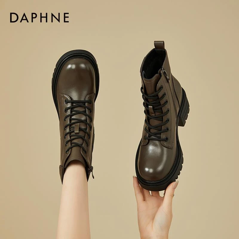 达芙妮/Daphne 增高6CM~马丁靴女冬季新款平底棉靴厚底复古短靴