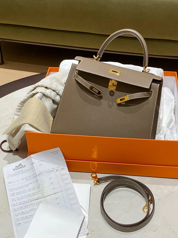 95新 Hermes/爱马仕 Kelly25大象灰金扣ep皮 D刻