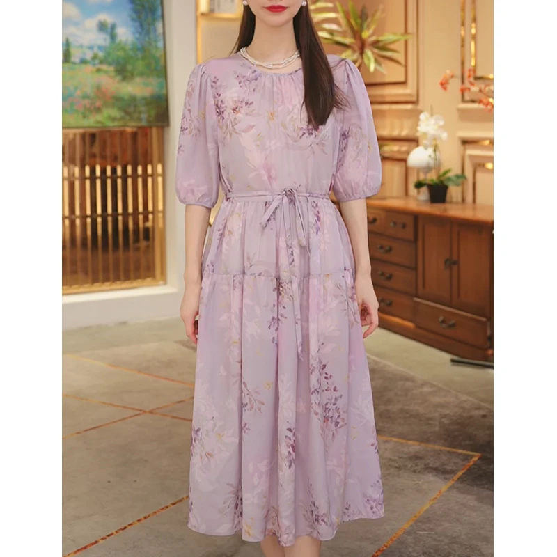 【堇兰】春夏新款气质真丝裙印花收腰桑蚕丝连衣裙 YYQ22-727