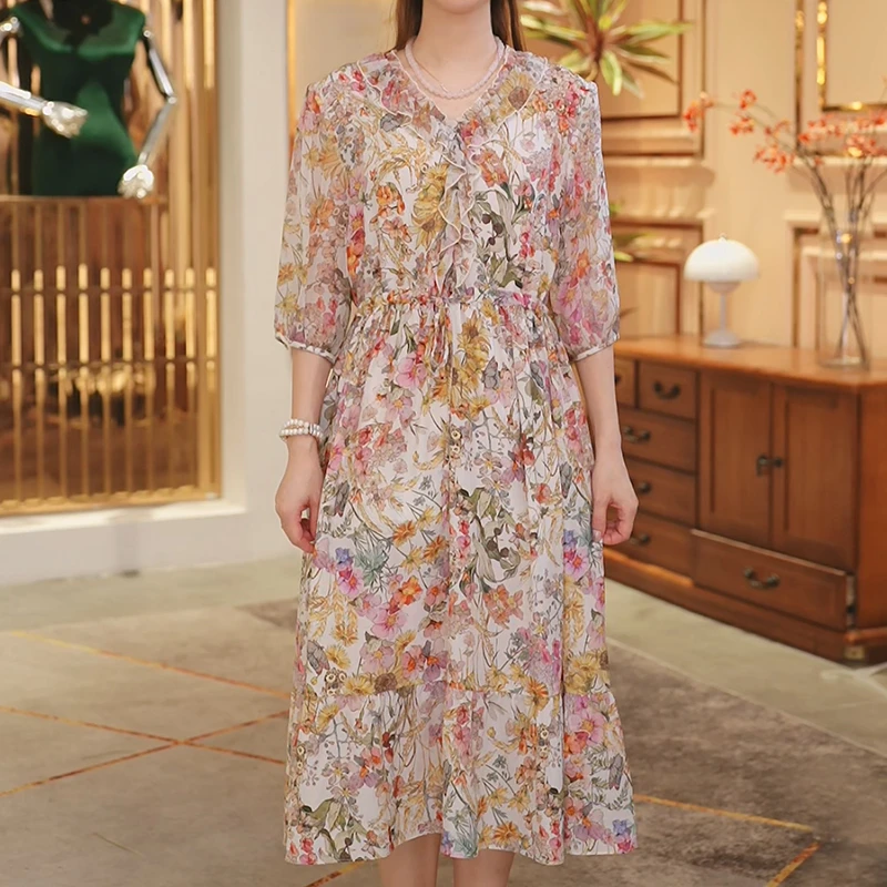 2024春夏新款收腰真丝长裙桑蚕丝碎花连衣裙女YYQ22-4462