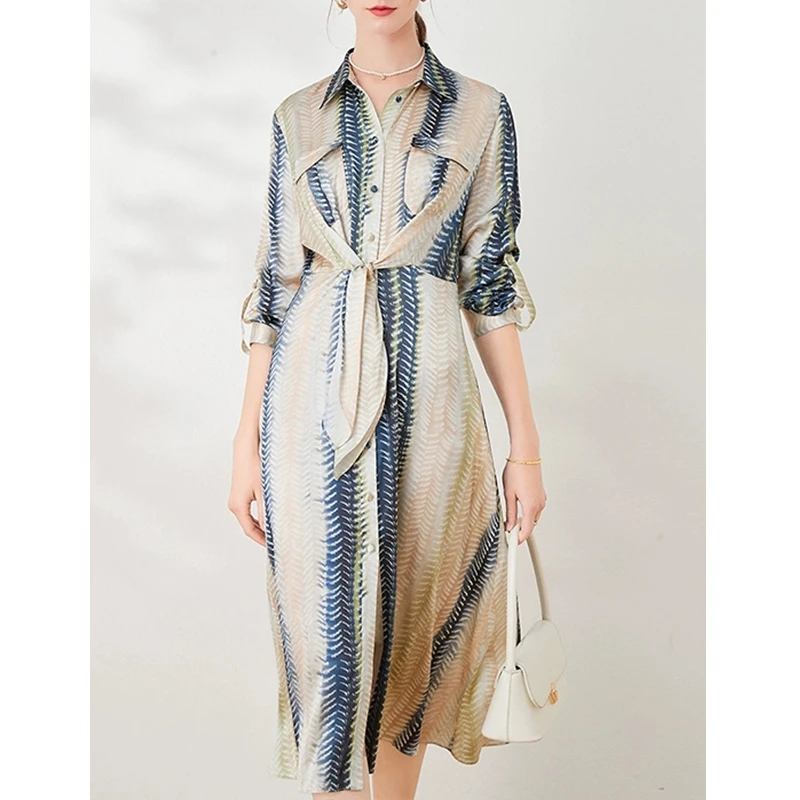 【堇兰桑蚕丝】春夏气质真丝裙印花收腰桑蚕丝连衣裙女CHT232268