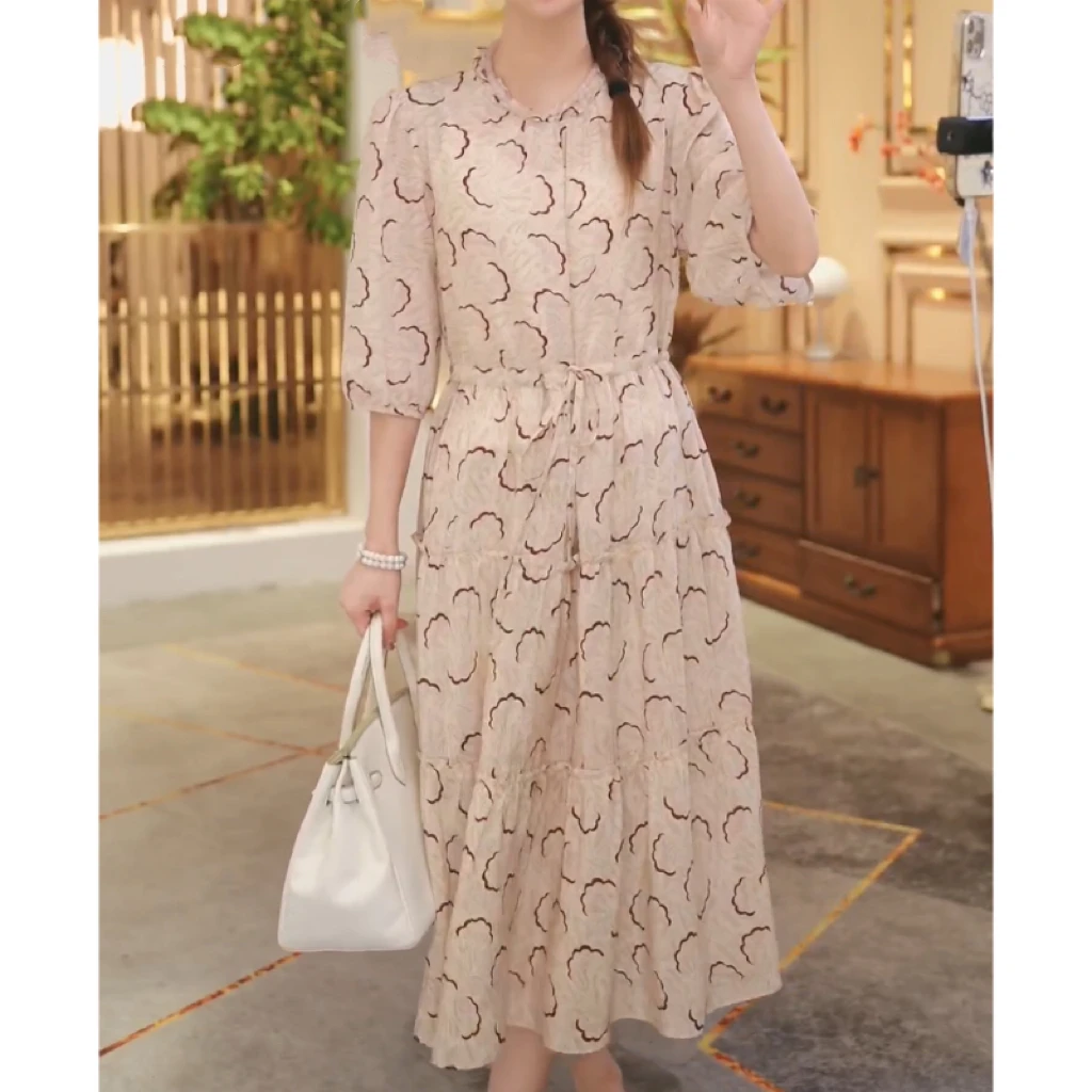 【堇兰】春夏新款气质真丝裙印花收腰桑蚕丝连衣裙 YYQ22-686