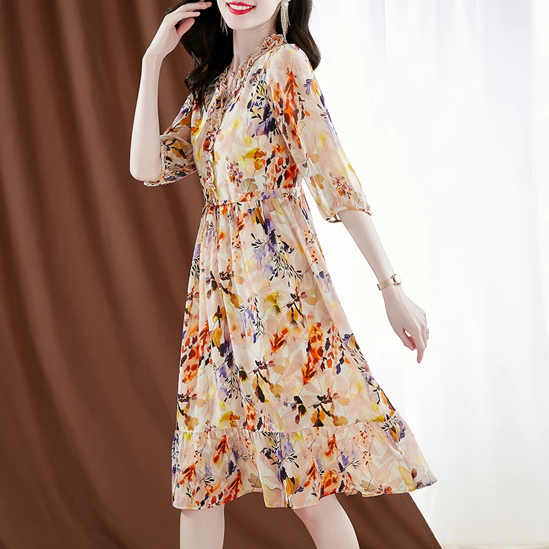 春夏新款桑蚕丝气质印花连衣裙女花边领中长裙女YYQ22-249