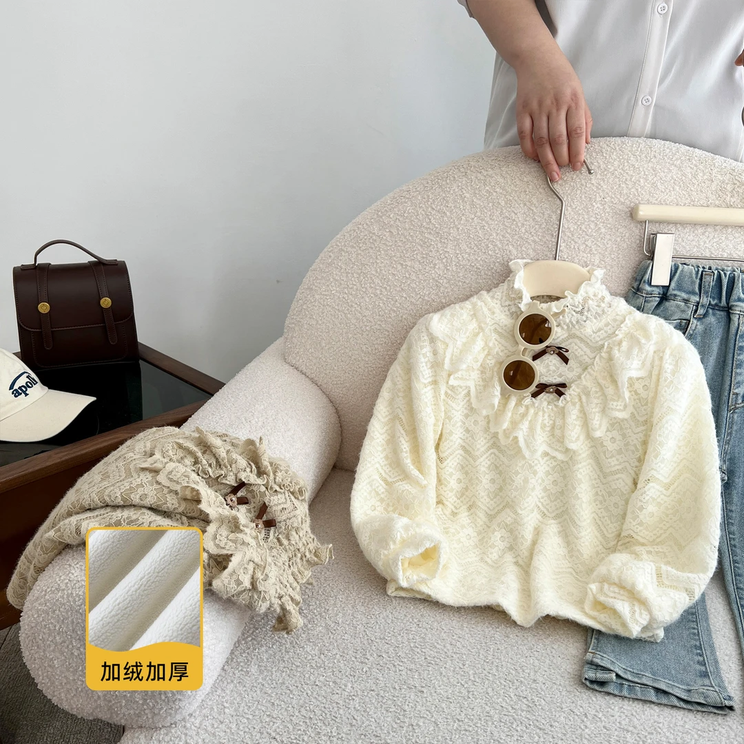 小菲特冬季新款6-12岁洋气蕾丝打底衣加绒女宝打底衫HSYD36218
