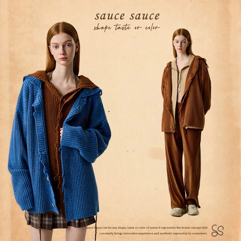 saucesauce原创开衫彩点学院风新品秋冬复古慵懒风连帽针织衫