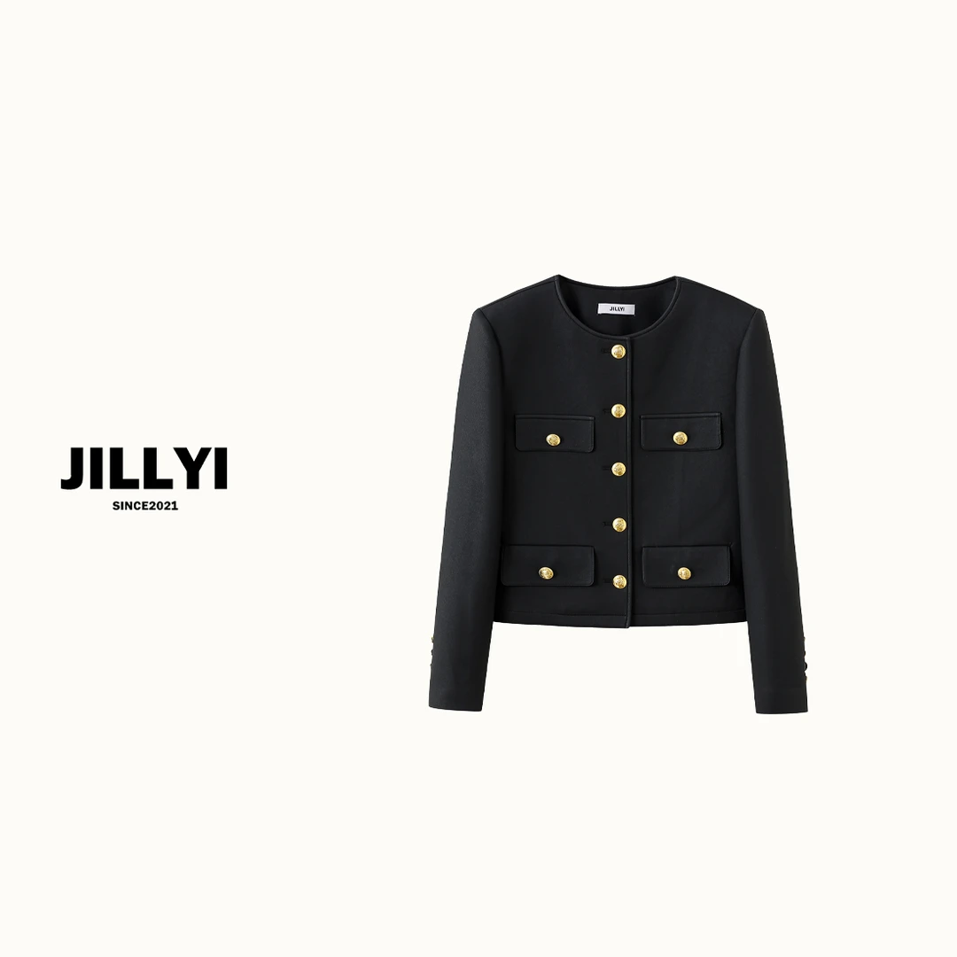 JILLYI南山店【经典外套】黑色圆领金色扣皮衣短外套气质轻奢百搭