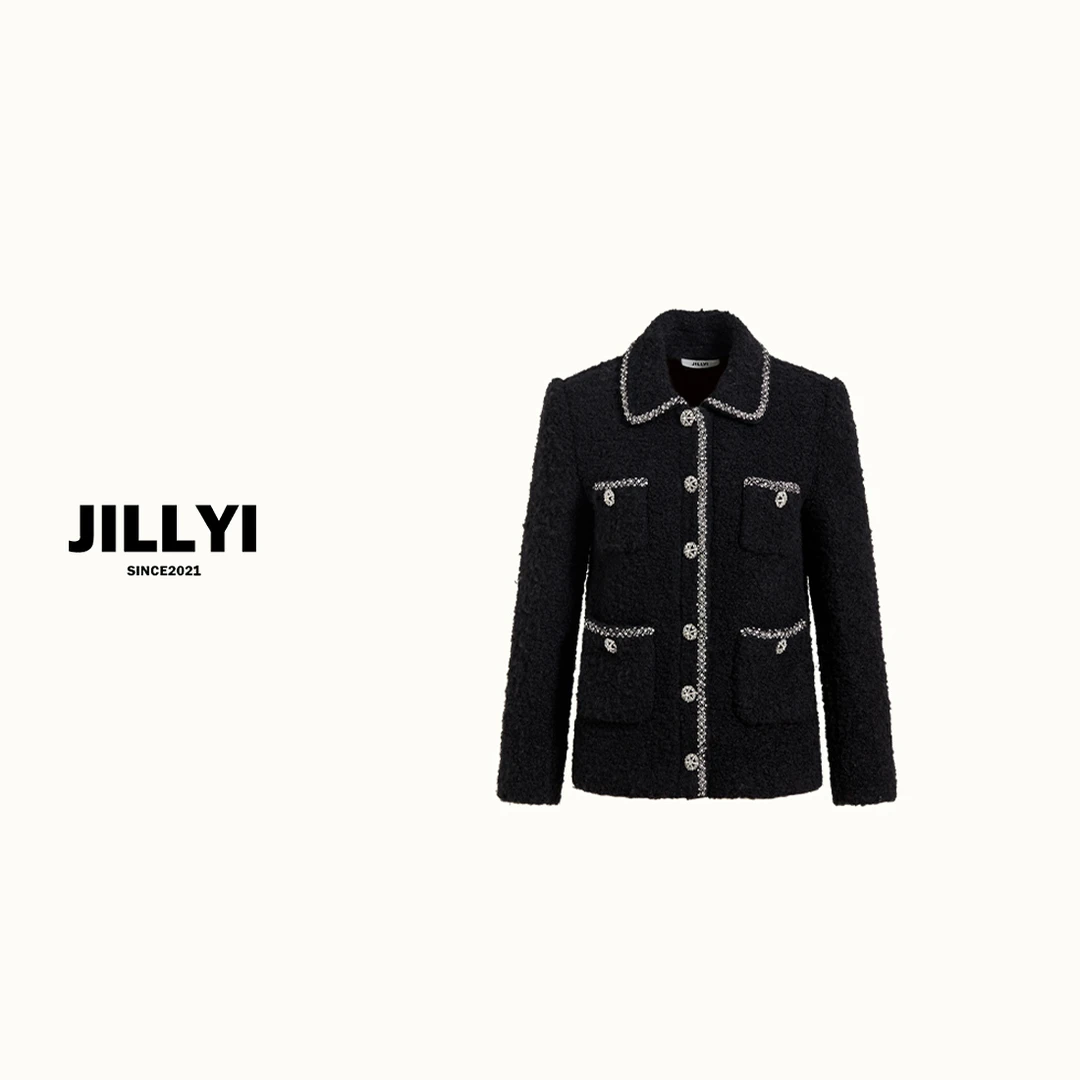 JILLYI南山店【美式甜心】手缝钻石领粗花呢黑色外套小香风气质秋冬