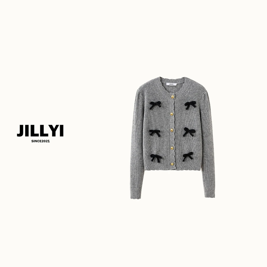 JILLYI南山店【云朵蝴蝶】灰色圆领双排蝴蝶结单排扣针织开衫百搭