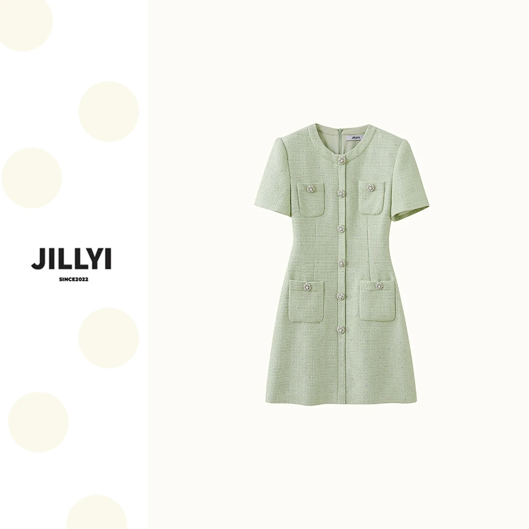 JILLYI南山店【绿野仙踪】小香风气质女装连衣裙绿色轻奢时尚粗花呢