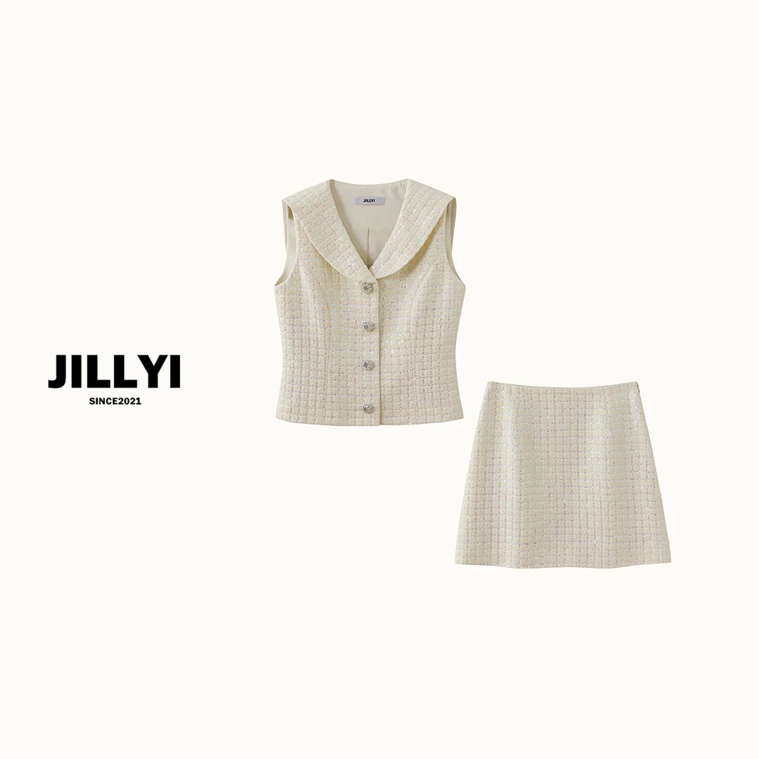 JILLYI南山店【人鱼沙滩】粗花呢华夫格小香风套装时尚夏季显瘦轻奢