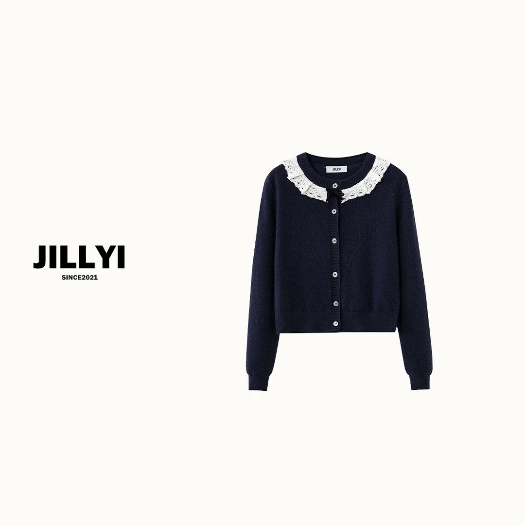 JILLYI南山店【蕾丝绮梦】两色圆领蕾丝领口拼接单排扣秋季针织开衫