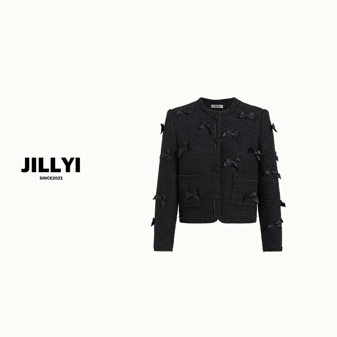 JILLYI南山店【蝴蝶仙子】手工蝴蝶结小香风气质黑色粗花呢外套