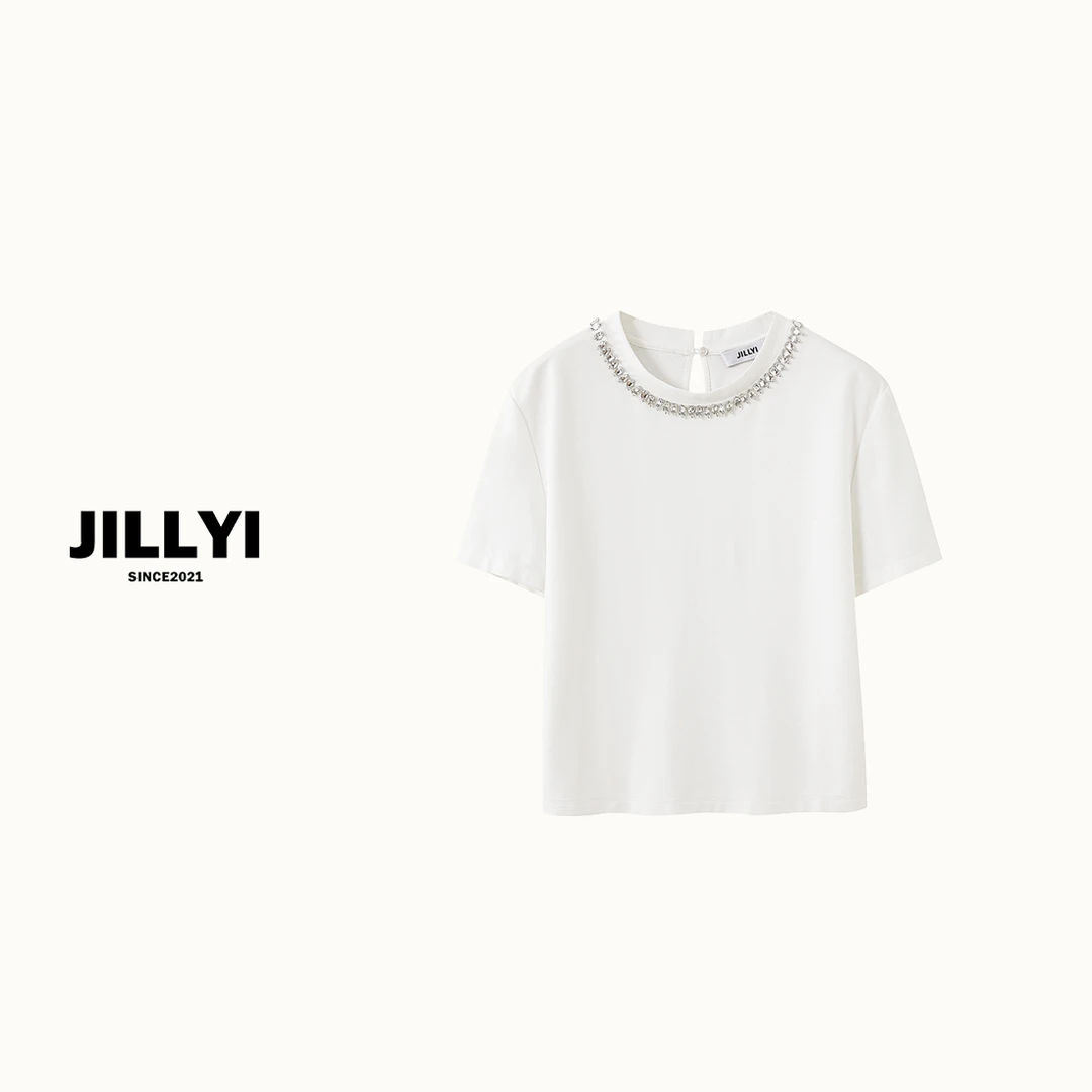 JILLYI南山店【钻石邂逅】重磅手缝钻石领子短袖时尚休闲百搭黑白夏