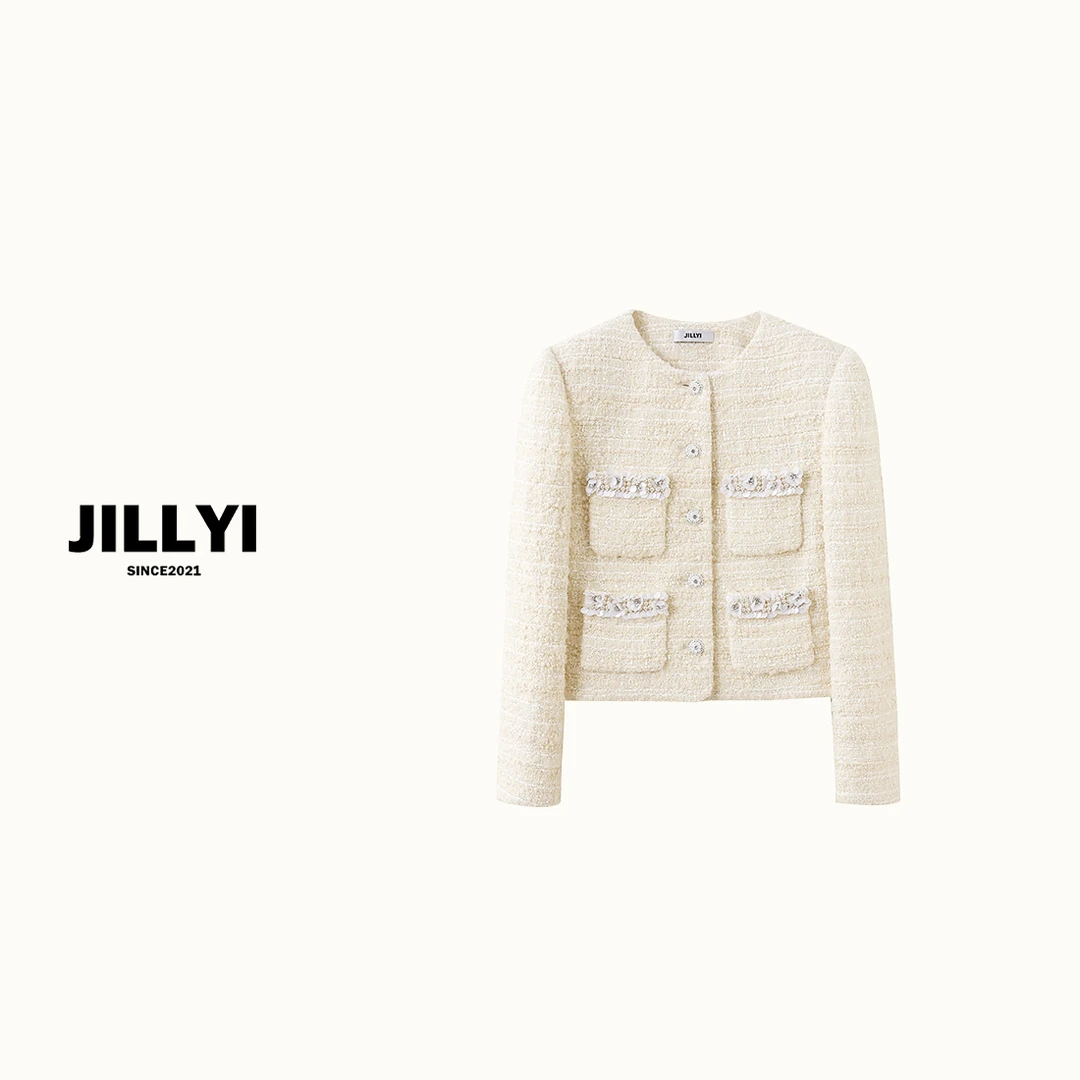 JILLYI南山店【云朵暖调】三色奶油粉混纺粗花呢外套小香风轻奢气质