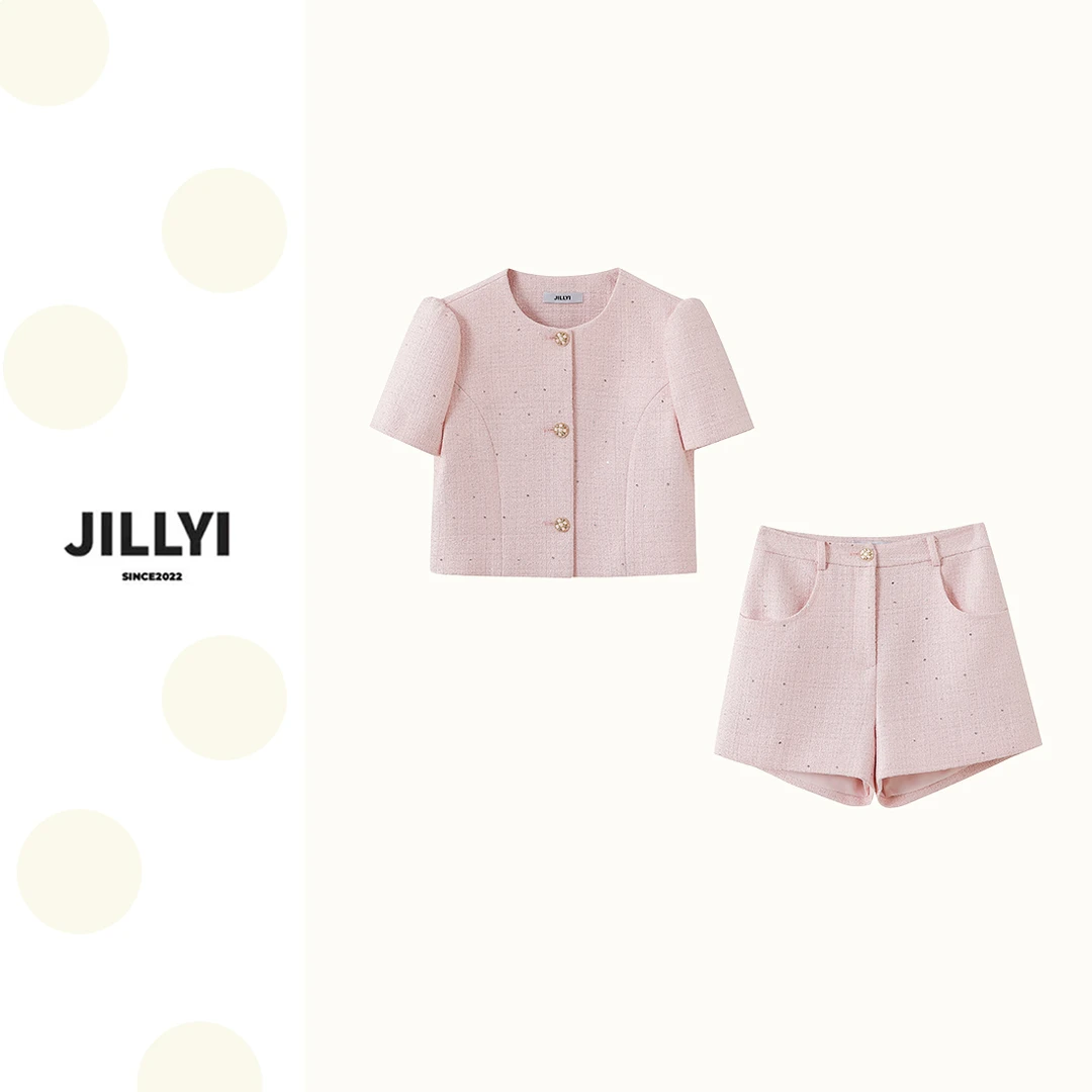 JILLYI南山店【草莓糖果】粉嫩樱花色系粗花呢套装短袖时尚休闲显瘦