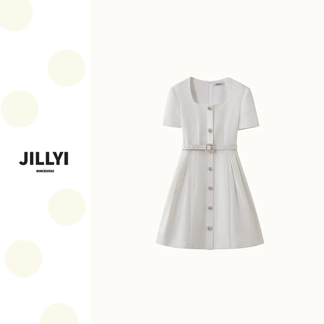 JILLYI南山店【茉莉微风】白色粗花呢小香风钻扣方领气质连衣裙