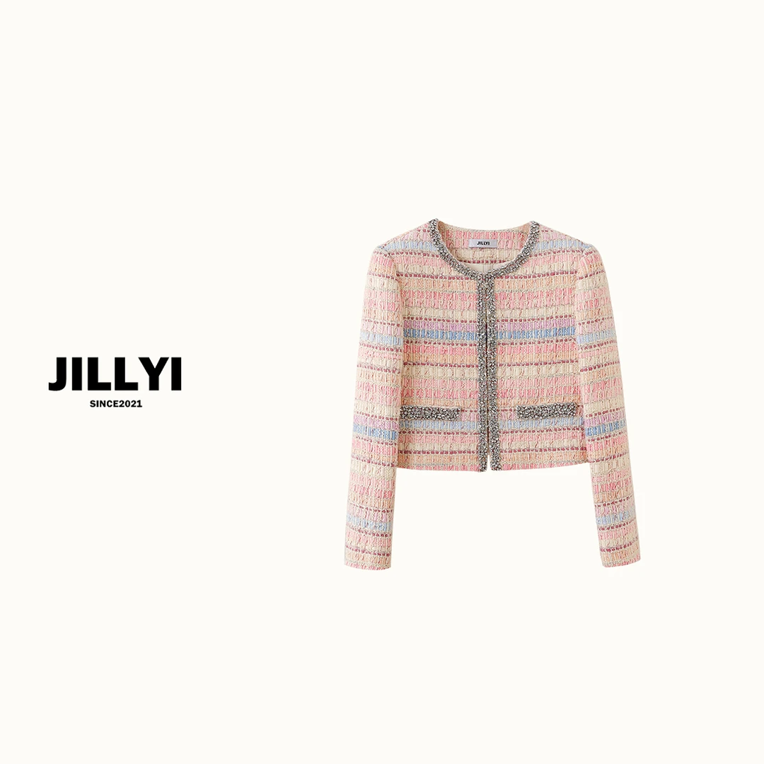 JILLYI南山店【小彩虹】彩色多巴胺粗花呢外套手缝钻石圆领气质时尚