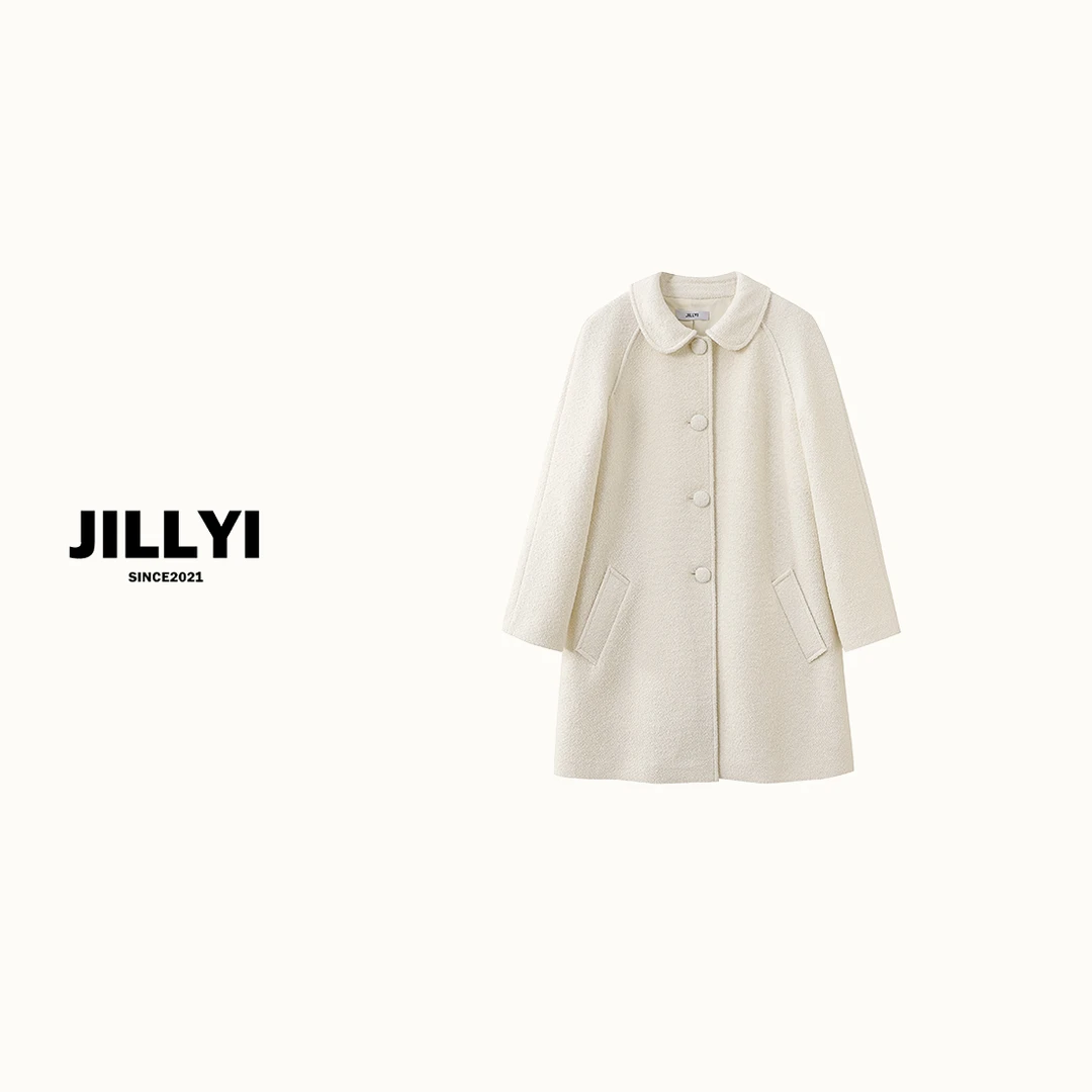 JILLYI南山店【白玉月光】白色元宝领毛呢长款外套小香风气质秋冬