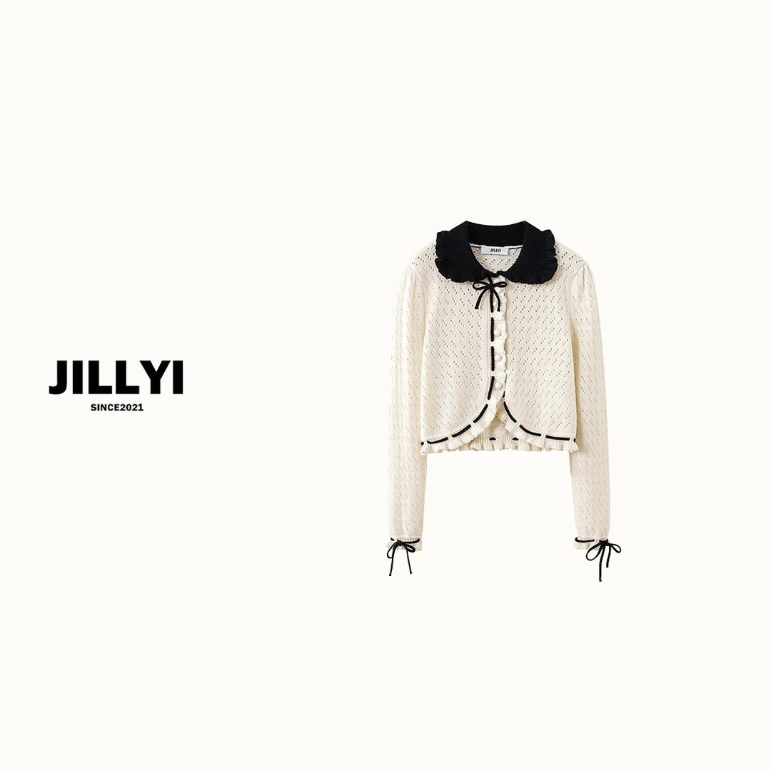 JILLYI南山店【少女假日】黑白拼接丝绒领口绑带秋季洋气时尚针织衫