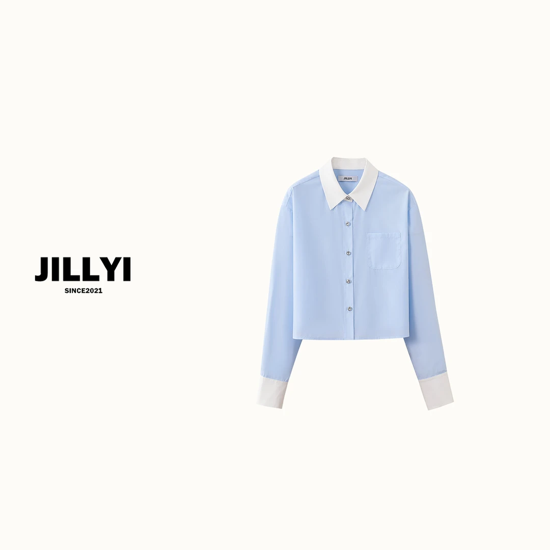 JILLYI南山店【奶油蓝】浅蓝撞色衬衫气质长袖时尚休闲小众女士上衣