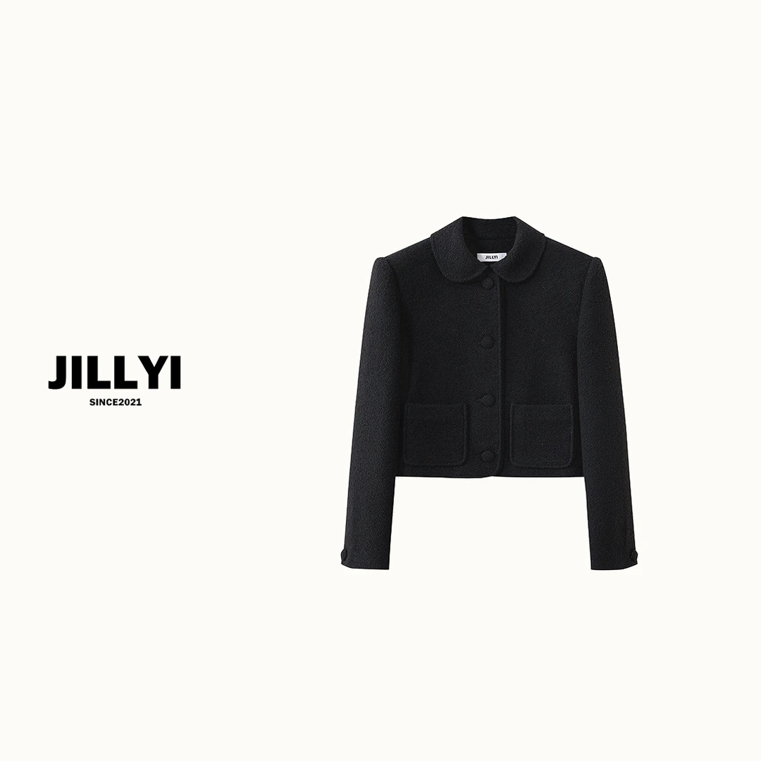 JILLYI南山店【雪莉杜松】经典纯色粗花呢时尚百搭翻领气质外套秋冬