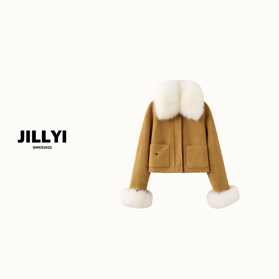 JILLYI南山店【卡其奶酪】卡其色经典秋冬外套小蜜蜂气质时尚毛毛领