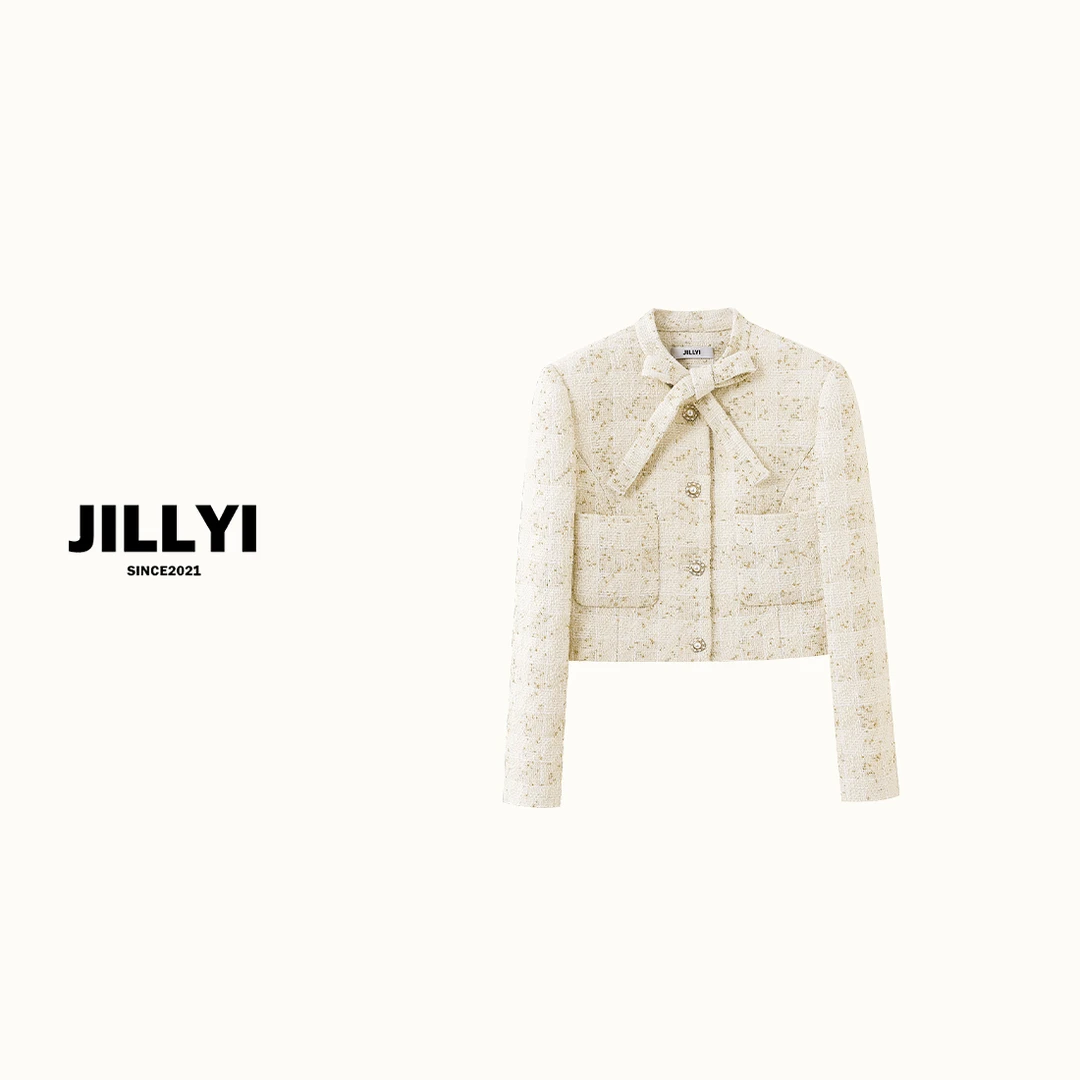 JILLYI南山店【榛子奶油】白色蝴蝶结绑带粗花呢外套小香风气质短款
