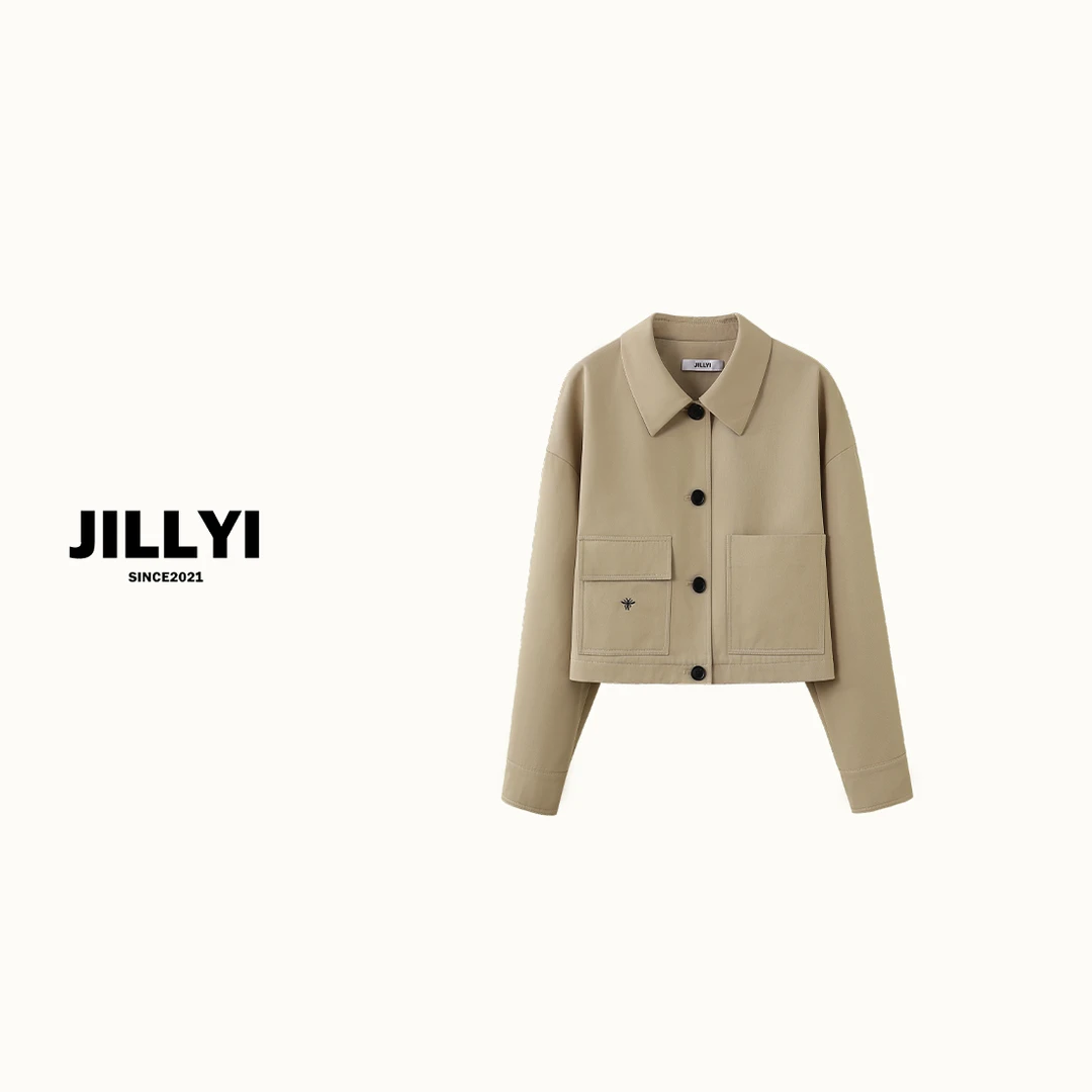 JILLYI南山店【初秋暖风】浅咖色牛角扣短款风衣气质时尚休闲百搭