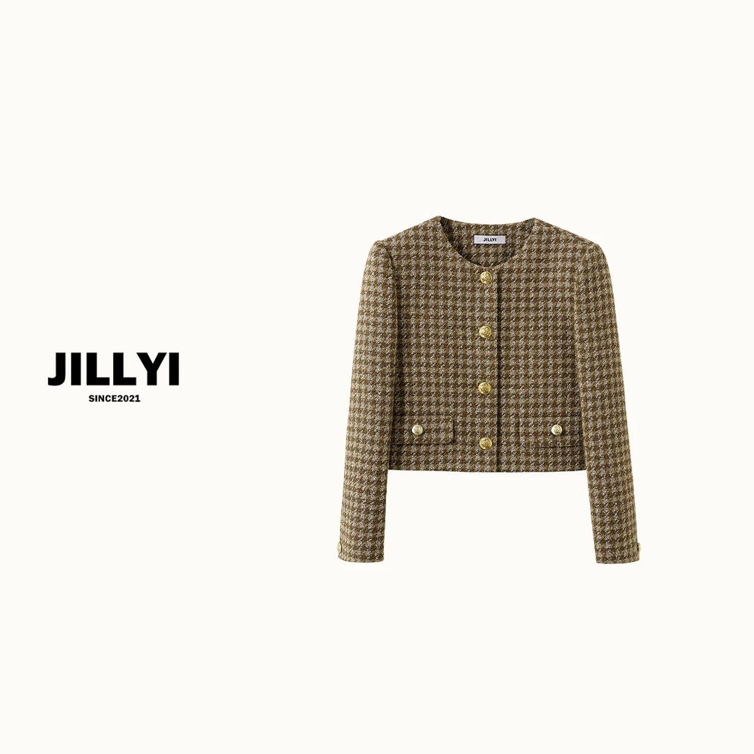JILLYI南山店【摩卡蜜茶】咖色格子金扣粗花呢小香风轻奢外套秋冬