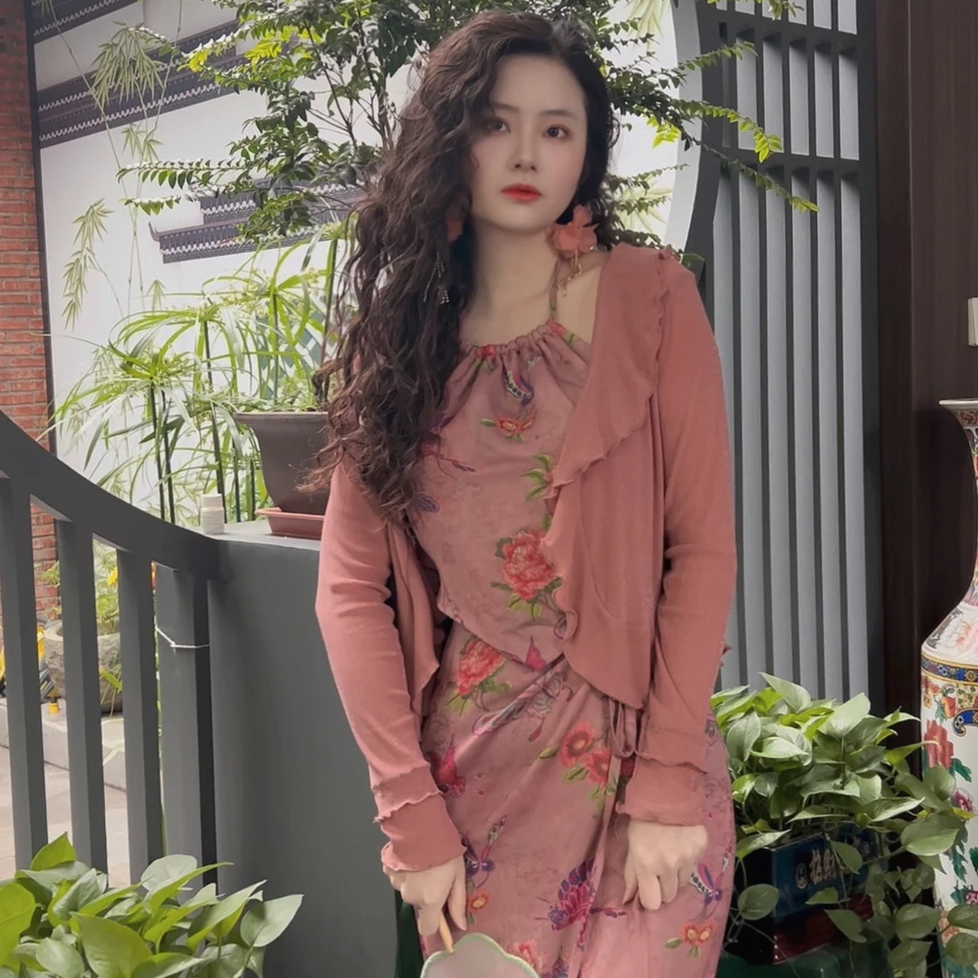 灰小猫 春夏复古【橘美人】新中式提花带胸棉挂脖上衣+一片裙套装