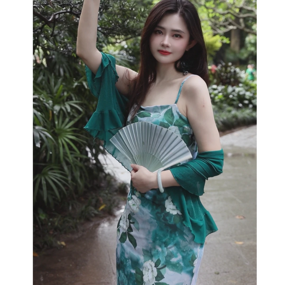 灰小猫 春夏复古【绿枝】新中式国风花朵网纱弹力吊带修身连衣裙女