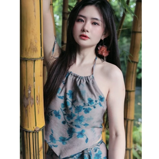 灰小猫 夏季复古【蓝星光】新中式国风带胸垫挂脖上衣+一片裙套装女