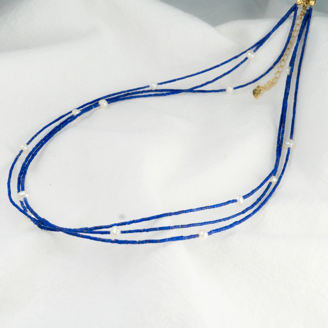 设计款青金石珍珠项链三层百搭复古气质蓝色简约叠戴小众可调节