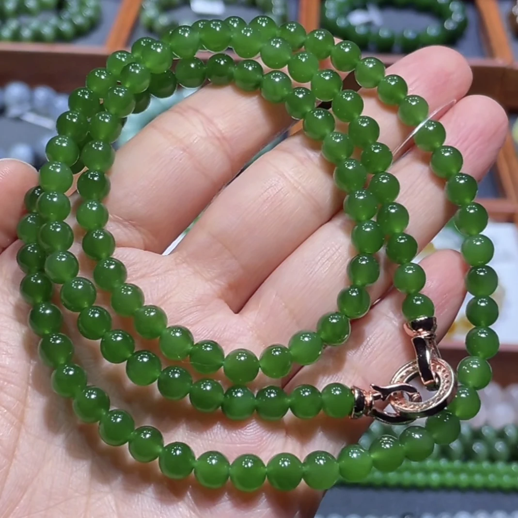 和田玉俄料碧玉高冰帝王绿辣阳绿多圈项链6mm