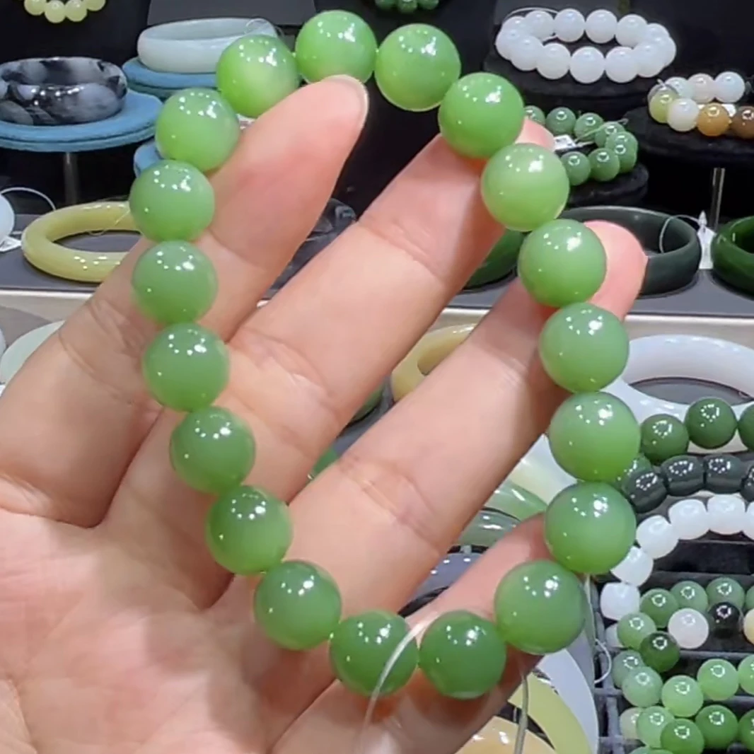 和田玉俄料碧玉起荧光粉绿手串10mm