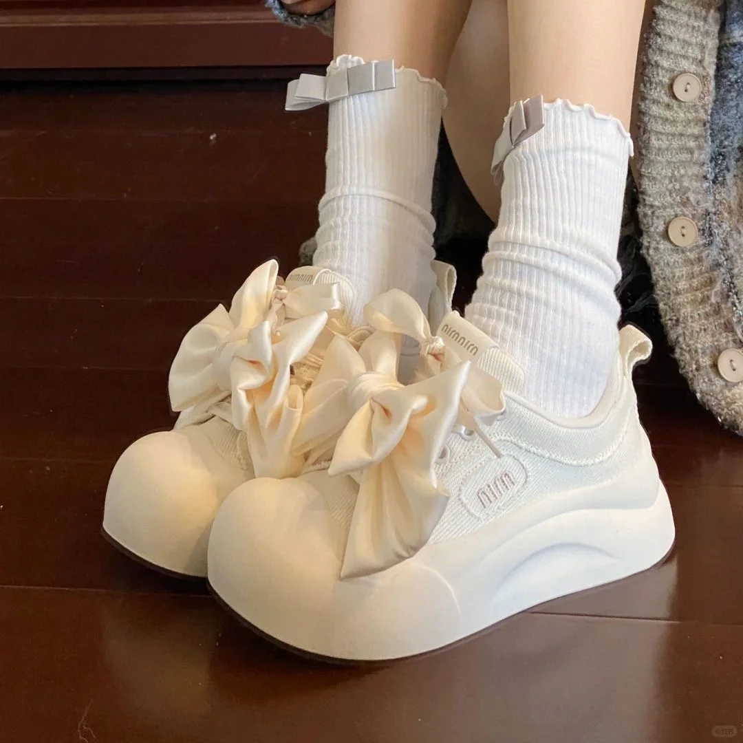 A100新中式蝴蝶结板鞋女年秋季新款透气百搭厚底校园风厚底运动鞋