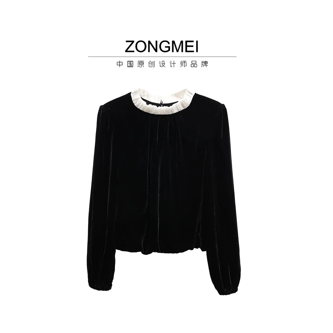 【ZM纵美】极简风气质百搭百褶花边领木耳边下摆松紧丝绒上衣225385