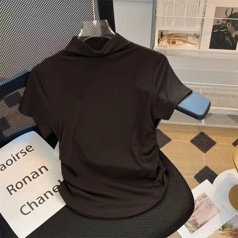 【ZM纵美】时尚百搭腰部捏褶皱款半高领正肩短袖棉T恤5900